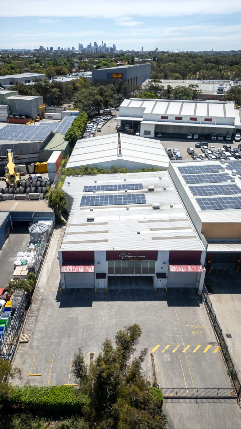Aerial view of an industrial warehouse with solar panels on the roof, surrounded by parking spaces, other warehouses, and trees, with a city skyline visible in the background.