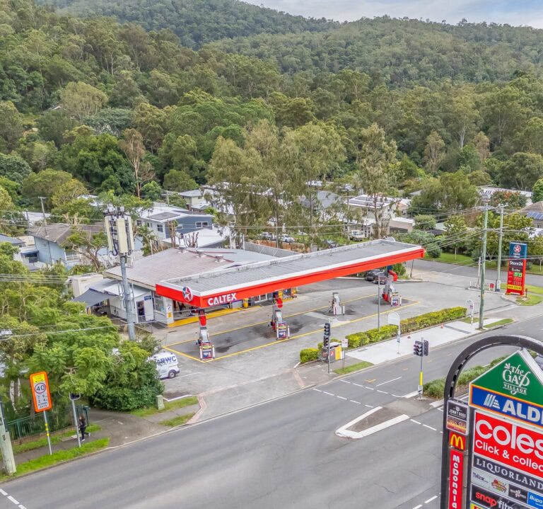 A Caltex gas station is surrounded by trees and greenery, with an Aldi supermarket and McDonalds sign visible nearby. The station is located at a street intersection in a suburban area.