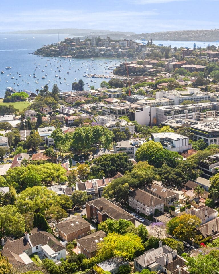 Aerial view of a coastal suburb with houses, green trees, and a marina filled with boats, overlooking a bay and a distant peninsula under a clear blue sky.