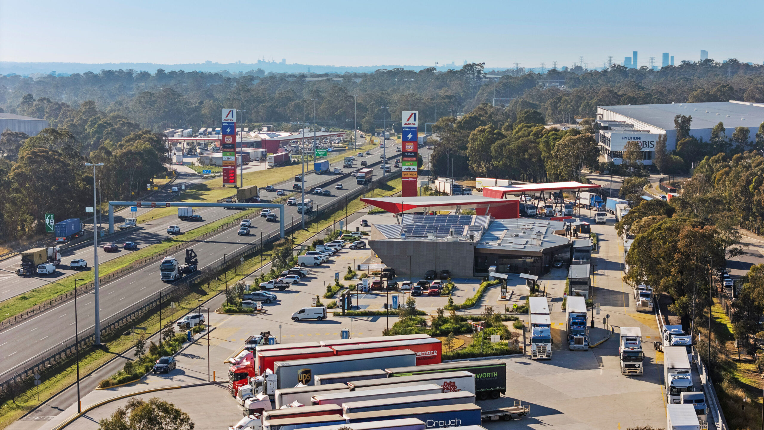 Aerial view of an Ampol Foodary truck stop on the M4 Western Motorway